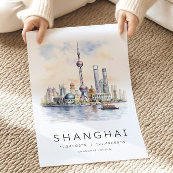 Shanghai Skyline Travel Print With Map Coordinates, 3 of 7