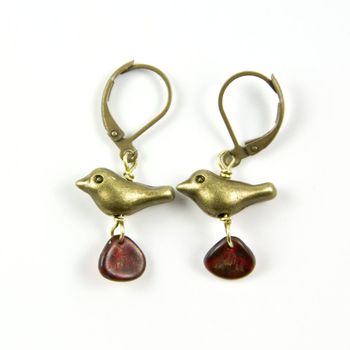 Little Bronze Bird And Red Petal Earrings, 2 of 5