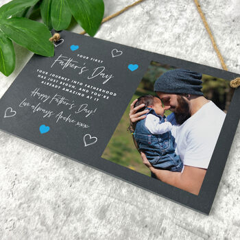 Personalised First Father's Day Photo Slate Hanging Plaque 25 X 15cm, 3 of 5