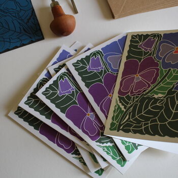 Linocut Pansy Flower Notecards Set Of Eight, 3 of 5