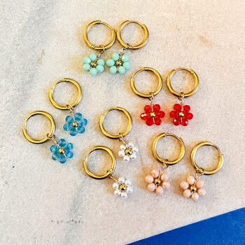 Mint Green Daisy Charm Huggie Hoop Earrings, 2 of 2