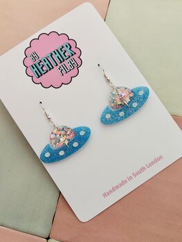 U.F.O Glitter Blue Earrings / Alien Spaceship Jewellery Science Fiction Lover Gift / Retro Space Aesthetic 1950s Sci Fi Accessory / Out Of This World Jewellery, 3 of 5