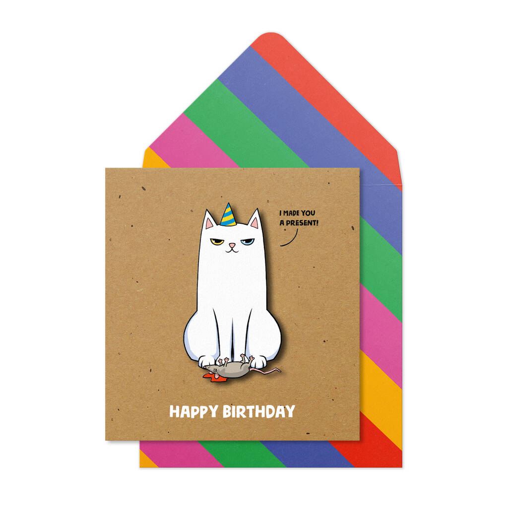 Funny Killer White Cat Birthday Card, 1 of 4