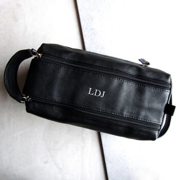 Men's Personalised Large Black Leather Wash Bag, 3 of 6