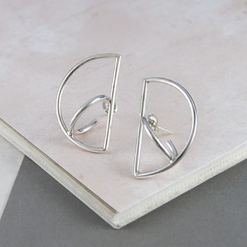 Semi Circle Solid Silver Stud Hoop Drop Earrings, 2 of 3
