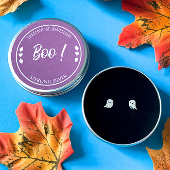 Silver Halloween Earrings, Happy Ghost Studs In A Tin, 2 of 8
