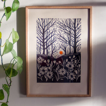 Woodland Sunset Hand Printed Lino Print Original Art, 3 of 3