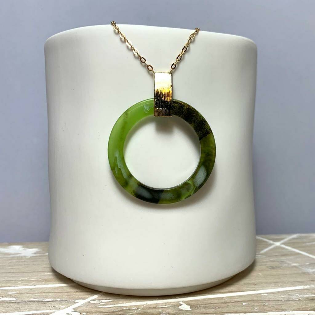 Metal And Green Resin Pendant Necklace By Nest