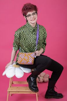 Boxy Crossbody Bag Purple Squiggles On Mustard, 6 of 6