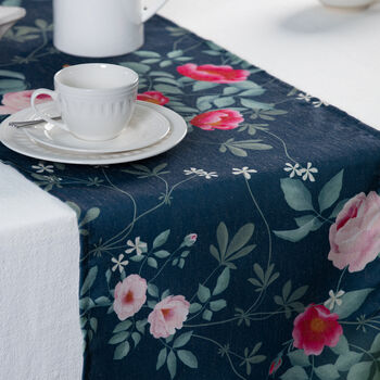 Luxury Linen Like Floral Table Runner Rose Garden Navy, 2 of 5