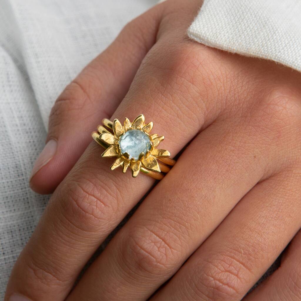 Gold Sunflower Ring With Blue Topaz By Amulette