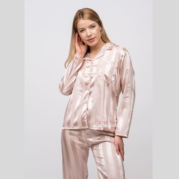 Beige Stripe Satin Women's Silk Sleepwear Pyjama Set, 11 of 12