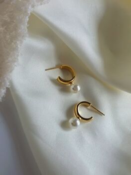 Gold Pearl Half Hoop Waterproof Stud Earrings 18k Gold Plated On Titanium Steel Half Hoop Earrings, 2 of 6
