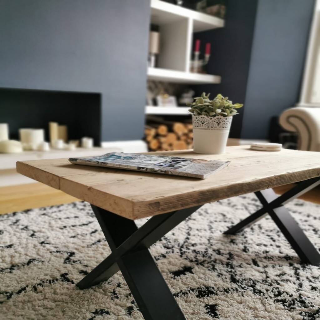 Reclaimed Wood Coffee Table With X Legs By Plane & Sanded