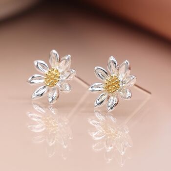 Sterling Silver And Yellow Gold Daisy Flower Stud Earrings, 6 of 8