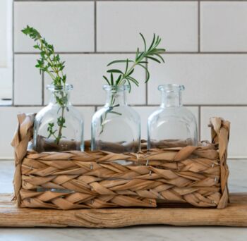 Neutral Straw Basket With Three Glass Bottles Vases, 5 of 5