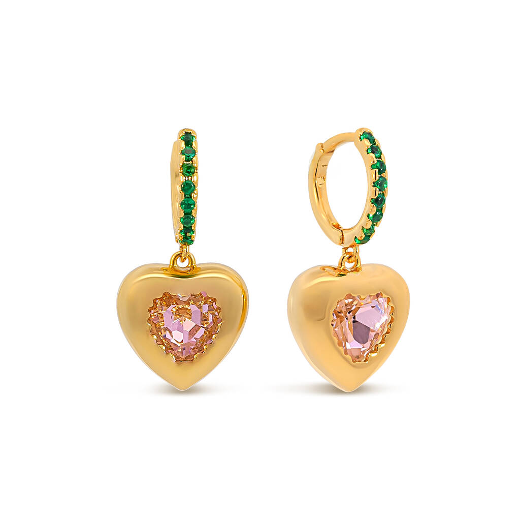Green And Pink Heart Drop Huggie Hoop Earrings