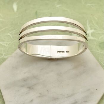 Sterling Silver Chunky Three Bar Hinged Cuff Bangle, 3 of 8