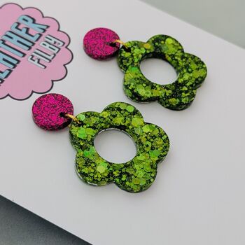 Flower Glitter Resin Earrings 60's Mary Quant Style, 2 of 8