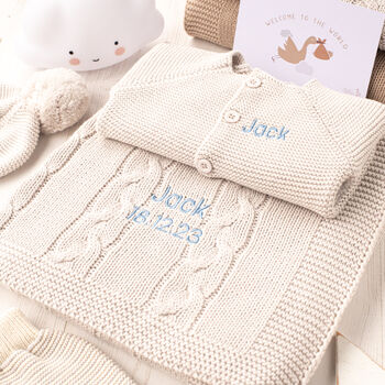 New Baby Pale Grey And Cream Knitted Blanket And Outfit, 4 of 12