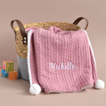 Personalised Dusty Pink Pom Pom Baby Blanket, 7 of 10