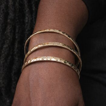 Set Of Three Gold Plated Hammered Bangle Bracelet Stack, 2 of 5
