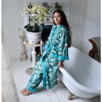 Ladies Green Leaf Print Cotton Dressing Gown, 5 of 5