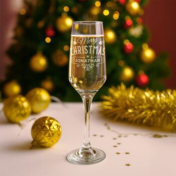 Personalised Christmas Holly And Snowflake Champagne Flutes And Gift Boxed Sets, 2 of 9