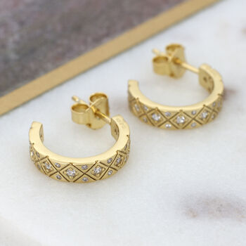 18ct Gold Plated Crystal Set Half Hoop Huggie Earrings, 2 of 6