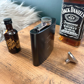 Personalised Modern Engraved Black Metal Hip Flask Wedding, Groomsmen And Birthday Gift, 10 of 11
