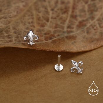 Sterling Silver Fleur De Lis 16 G Threaded Flat Back Earrings, 6 of 11