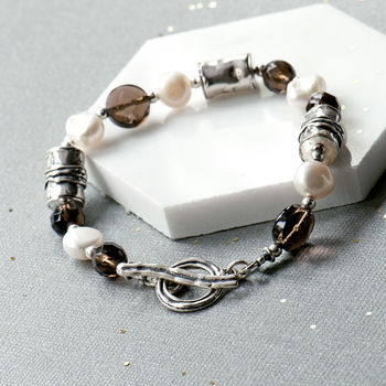 Freshwater Pearl And Smoky Quartz T Bar Silver Bracelet, 2 of 9