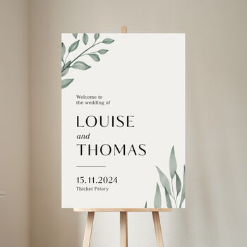 Watercolour Leaves Personalised Wedding Welcome Sign, 2 of 4