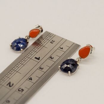 Raw Blue Sapphire, Coral Silver Earrings, 6 of 7