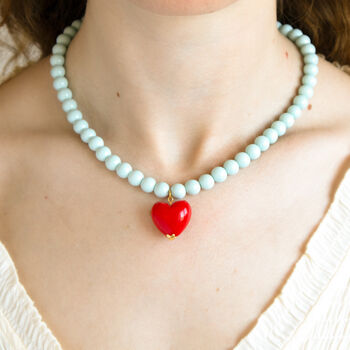 Powder Blue Bead Necklace With Red Heart, 2 of 8