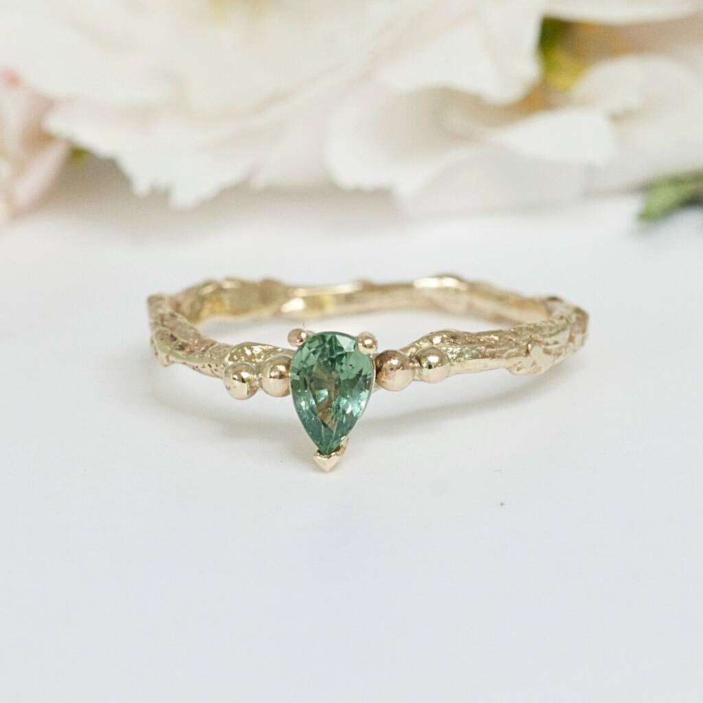 Pear Green Sapphire Nature Ring, Gold Twig Ring, 1 of 6