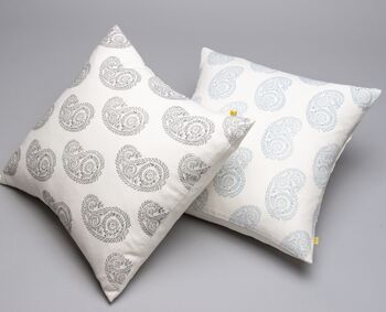 Anjuna Paisley Hand Printed Blue Cotton Cushion Cover, 2 of 8