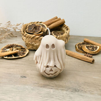 Beige Spooky Ghost Candle And Pumpkin Halloween Decor, 10 of 10