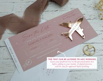 Dusky Pink Wedding Boarding Pass Save The Date With Rose Gold Magnetic Plane, 4 of 6