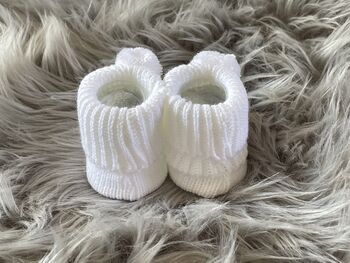 White Knitted Baby Booties With Pom Pom, 8 of 9