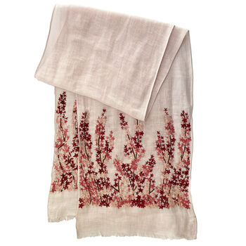 Hand Embroidered 100% Linen Scarf In Light Pink Meadow Floral, 3 of 7