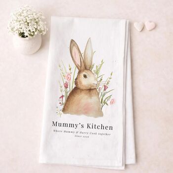 Personalised “Mummy’s Kitchen” Hare Tea Towel, 2 of 7