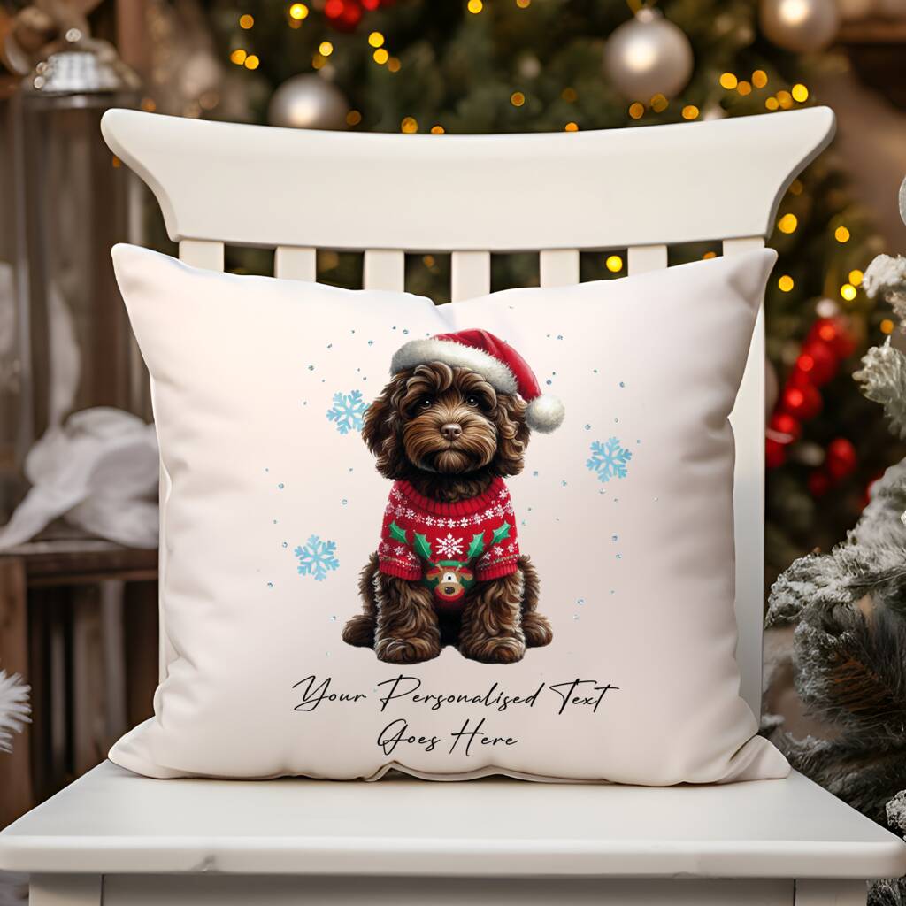 Personalised Chocolate Cockapoo Dog In Christmas Jumper Cushion Cover B