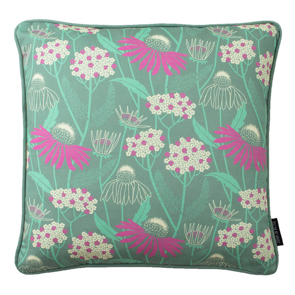 Echinacea Green Floral Patterned Cotton Cushion, 1 of 2