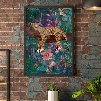 Leopard Wearing Sneakers In Tropical Flower Jungle Wall Art Print, 2 of 5