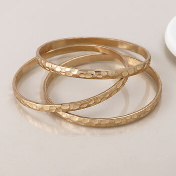 Set Of Three Gold Plated Hammered Bangle Bracelet Stack, 4 of 5