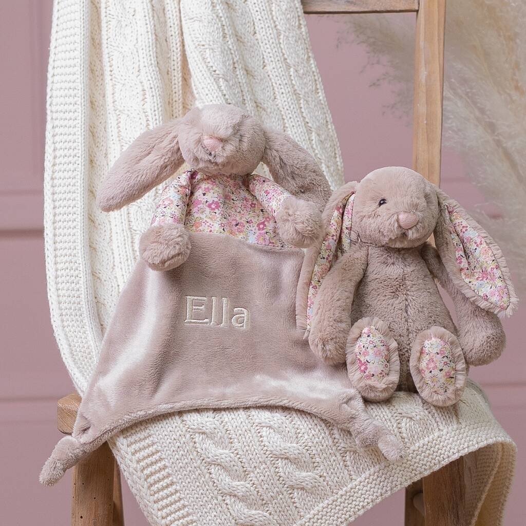 Personalised Beige Blossom Bunny Comforter And Soft Toy, 1 of 4