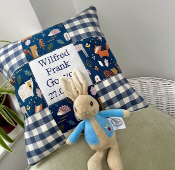 Gingham Woodland Name And Date Cushion, 2 of 5