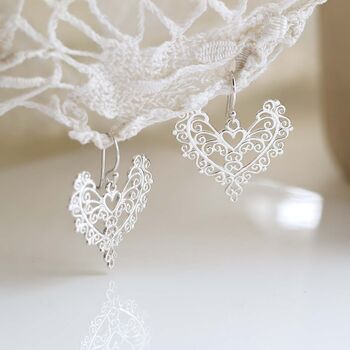 Sterling Silver Dangly Lace Heart Earrings, 8 of 10