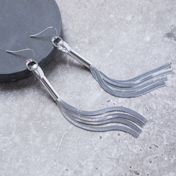 Long Silver Colour Flat Chain Tassel Drop Earrings, 2 of 3